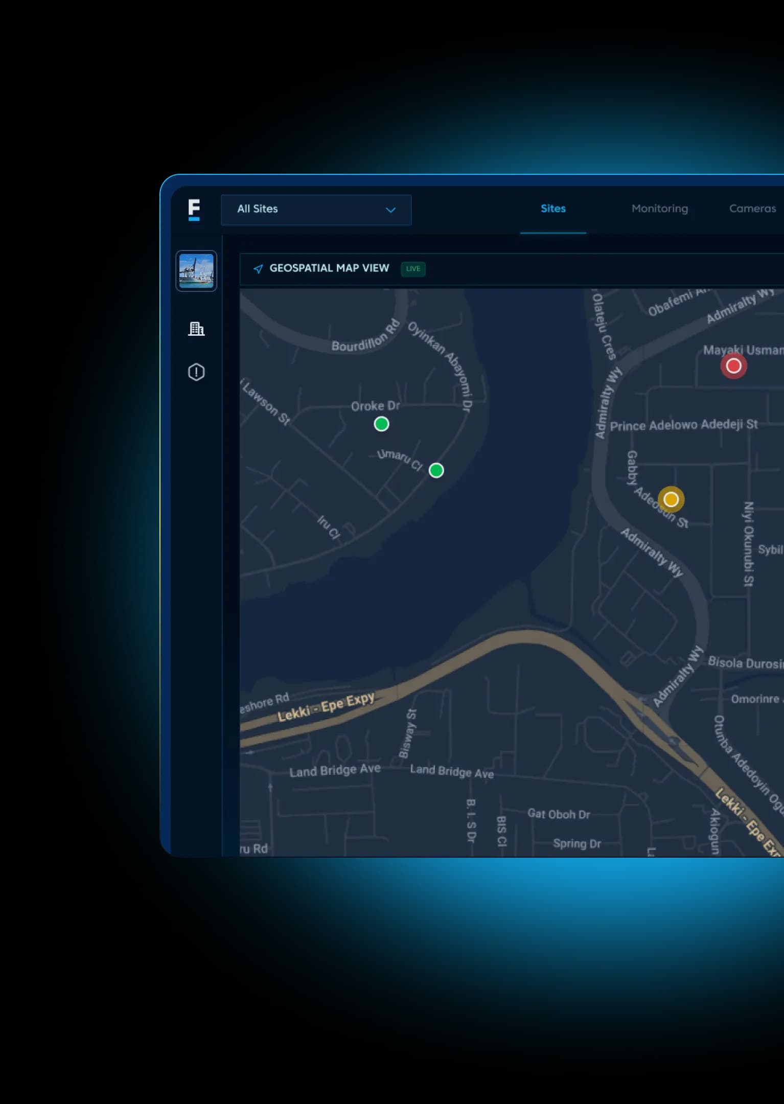 FieldBase Site Cross dashboard showing geospatial map view